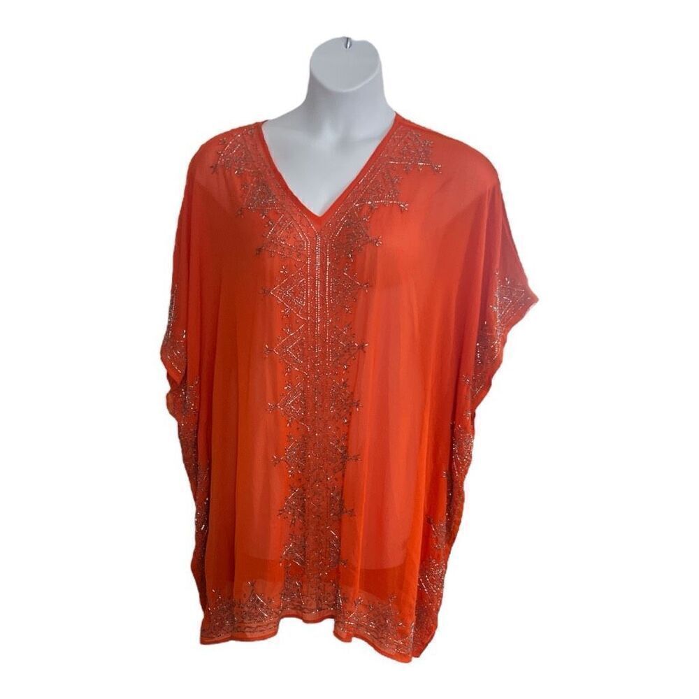 Roaman's Orange Beaded Crinkle Tunic Blouse Plus Size 1X(22/24 Sheer Cover-Up